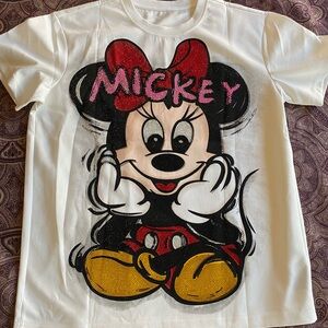 Women top White Minnie Mouse Graphic Tee with Red Bow and Pink Lettering